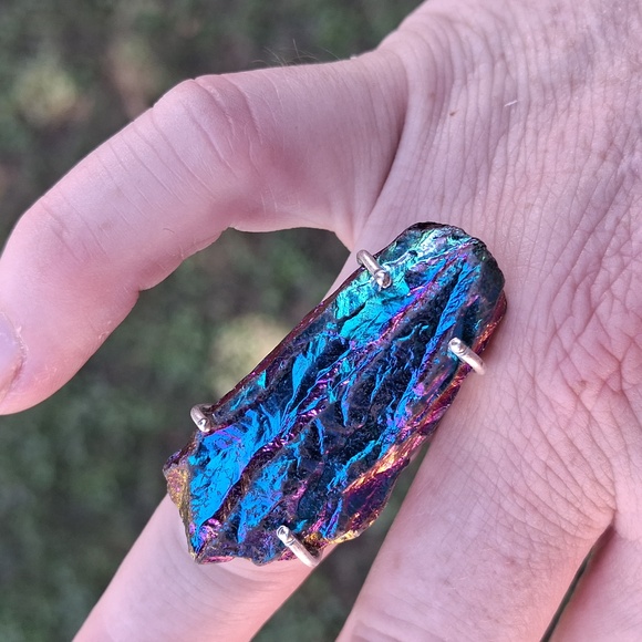 New Rough Rainbow Titanium Crystal Quartz 925 Silver Statement Ring. - Picture 8 of 15